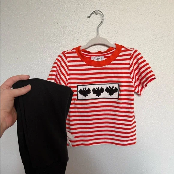 Smocked Orange & White Striped Tee with Black Bat Smocking and Black Joggers - Picture 4 of 4